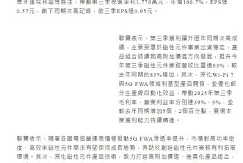 磁性元件出貨穩增,聯寶Q3獲利寫次高,前三季EPS0.95元 (07:06)